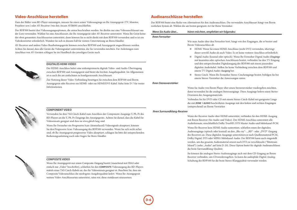 Video-anschlüsse herstellen, Audioanschlüsse herstellen | Arcam HANDBOOK Blu-ray Disc player BDP300 User Manual | Page 74 / 206