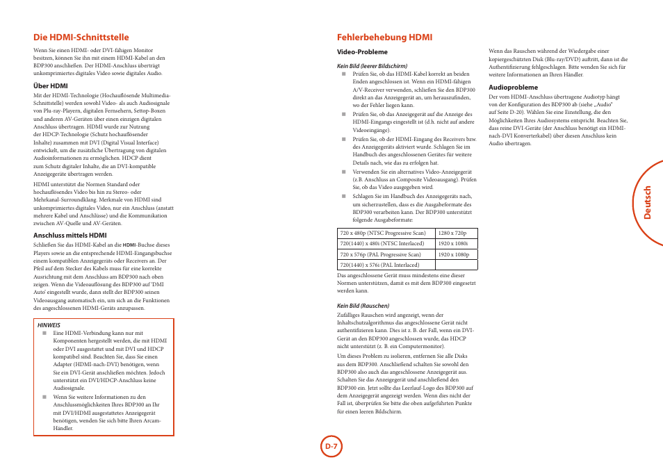 Deutsch die hdmi-schnittstelle, Fehlerbehebung hdmi | Arcam HANDBOOK Blu-ray Disc player BDP300 User Manual | Page 75 / 206