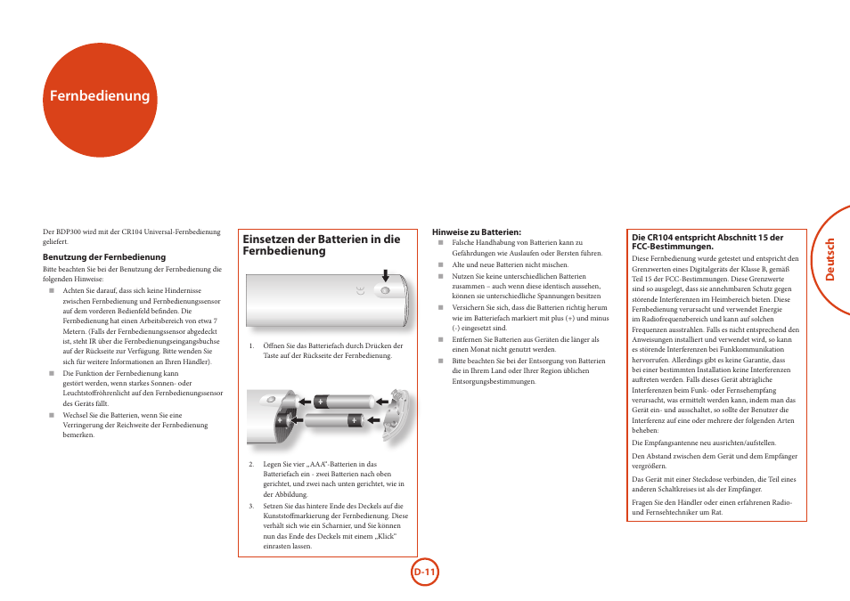 Fernbedienung, Deutsch, Einsetzen der batterien in die fernbedienung | Arcam HANDBOOK Blu-ray Disc player BDP300 User Manual | Page 79 / 206