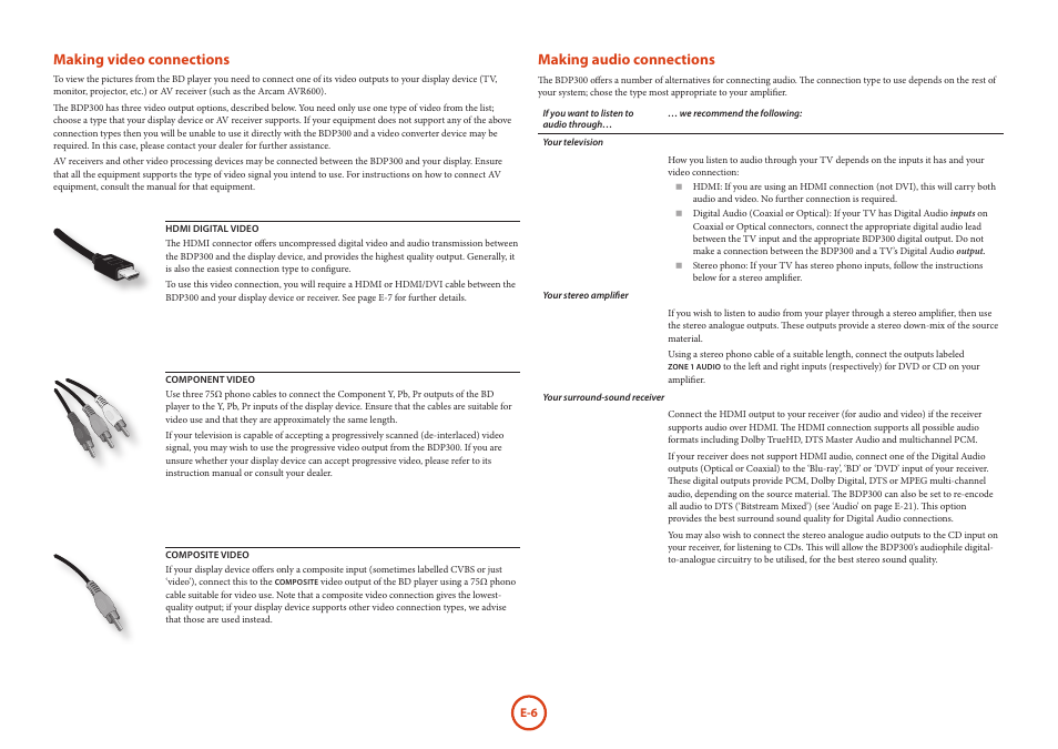 Making video connections, Making audio connections | Arcam HANDBOOK Blu-ray Disc player BDP300 User Manual | Page 8 / 206