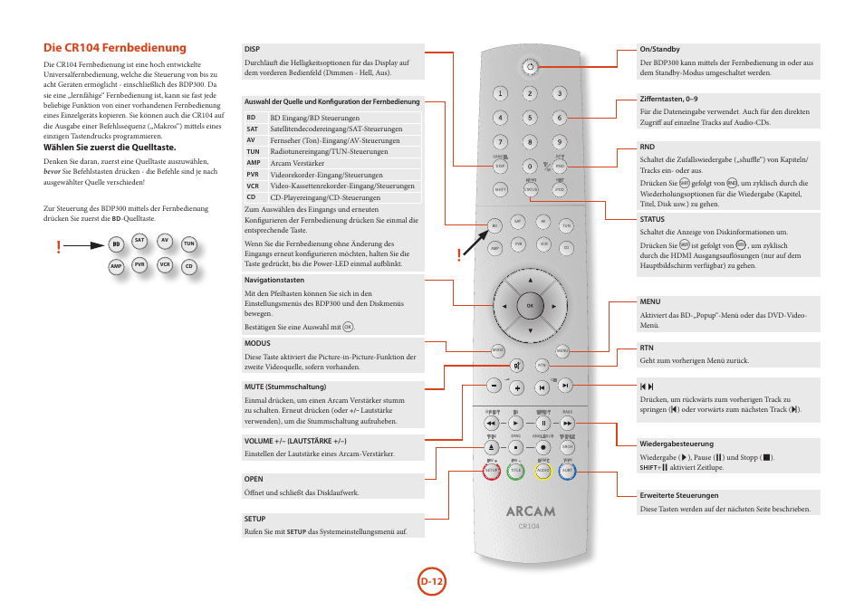 Die cr104 fernbedienung, D-12 | Arcam HANDBOOK Blu-ray Disc player BDP300 User Manual | Page 80 / 206
