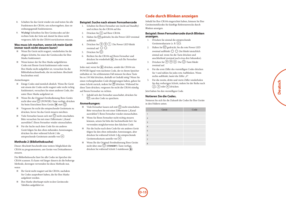 Deutsch, Code durch blinken anzeigen | Arcam HANDBOOK Blu-ray Disc player BDP300 User Manual | Page 83 / 206