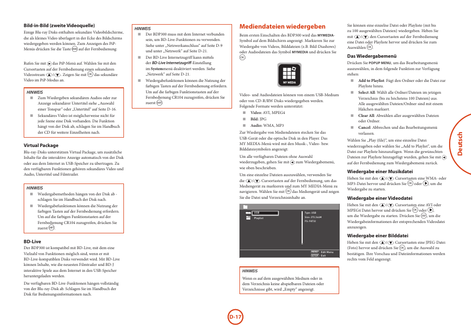 Deutsch, Mediendateien wiedergeben | Arcam HANDBOOK Blu-ray Disc player BDP300 User Manual | Page 85 / 206