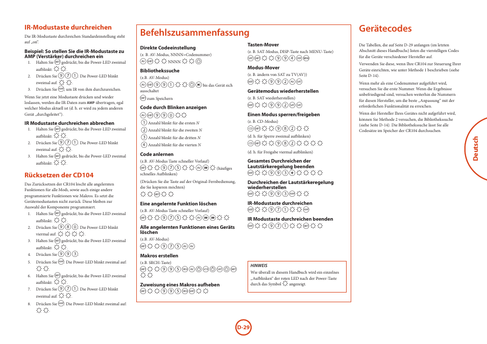 Gerätecodes, Befehlszusammenfassung, Deutsch | Ir-modustaste durchreichen, Rücksetzen der cd104 | Arcam HANDBOOK Blu-ray Disc player BDP300 User Manual | Page 97 / 206