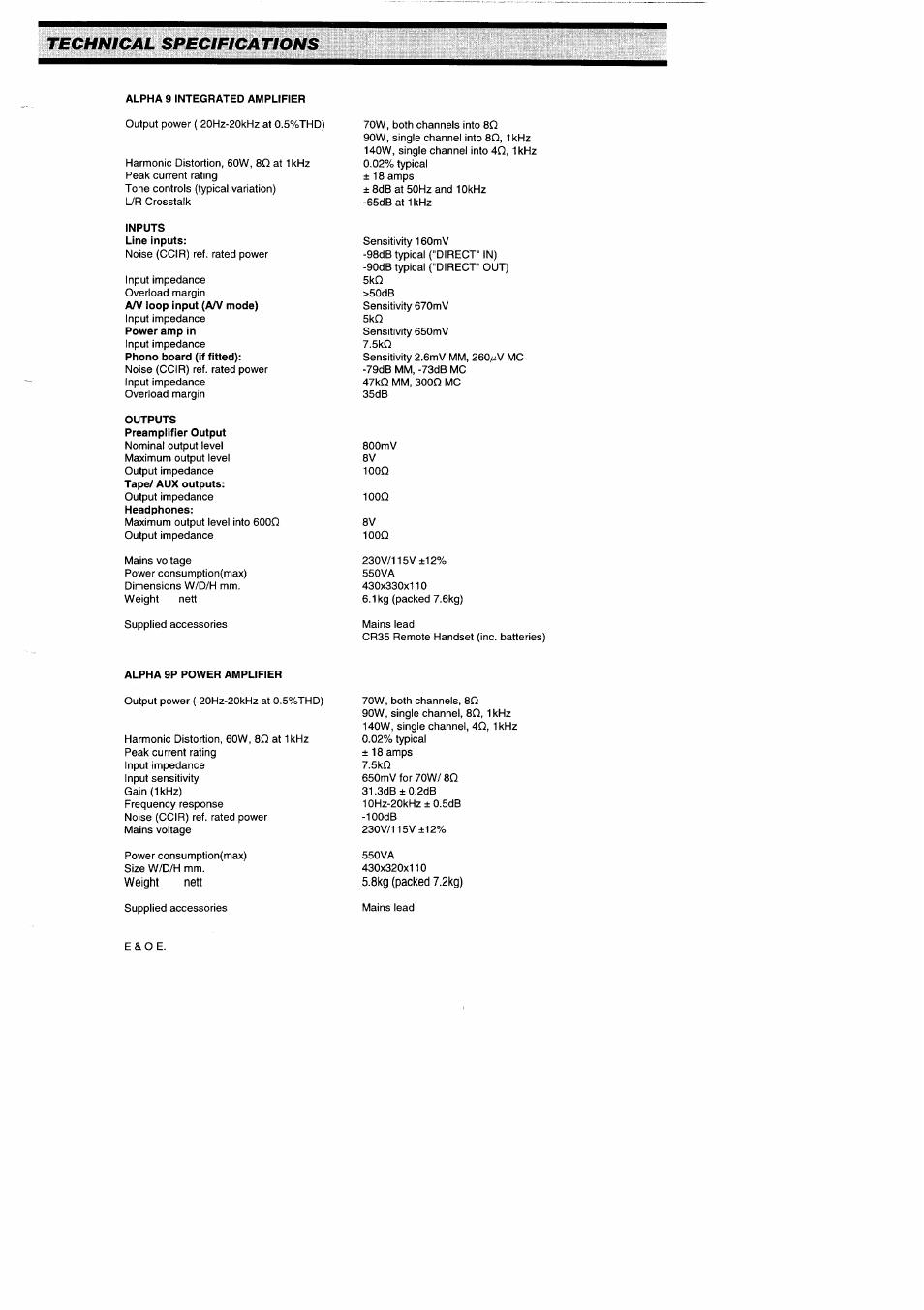 Alpha 9 integrated amplifier, Inputs line inputs, Outputs preamplifier output | Technical specifications | Arcam Amplifiers Alpha 9/9P User Manual | Page 11 / 12