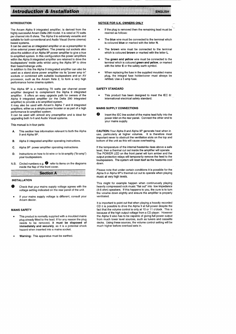 Notice for u.k. owners only, This manual is in four parts, Safety standard | Mains supply connections, Section a, Installation, Mains safety, Introduction & installation | Arcam Amplifiers Alpha 9/9P User Manual | Page 4 / 12