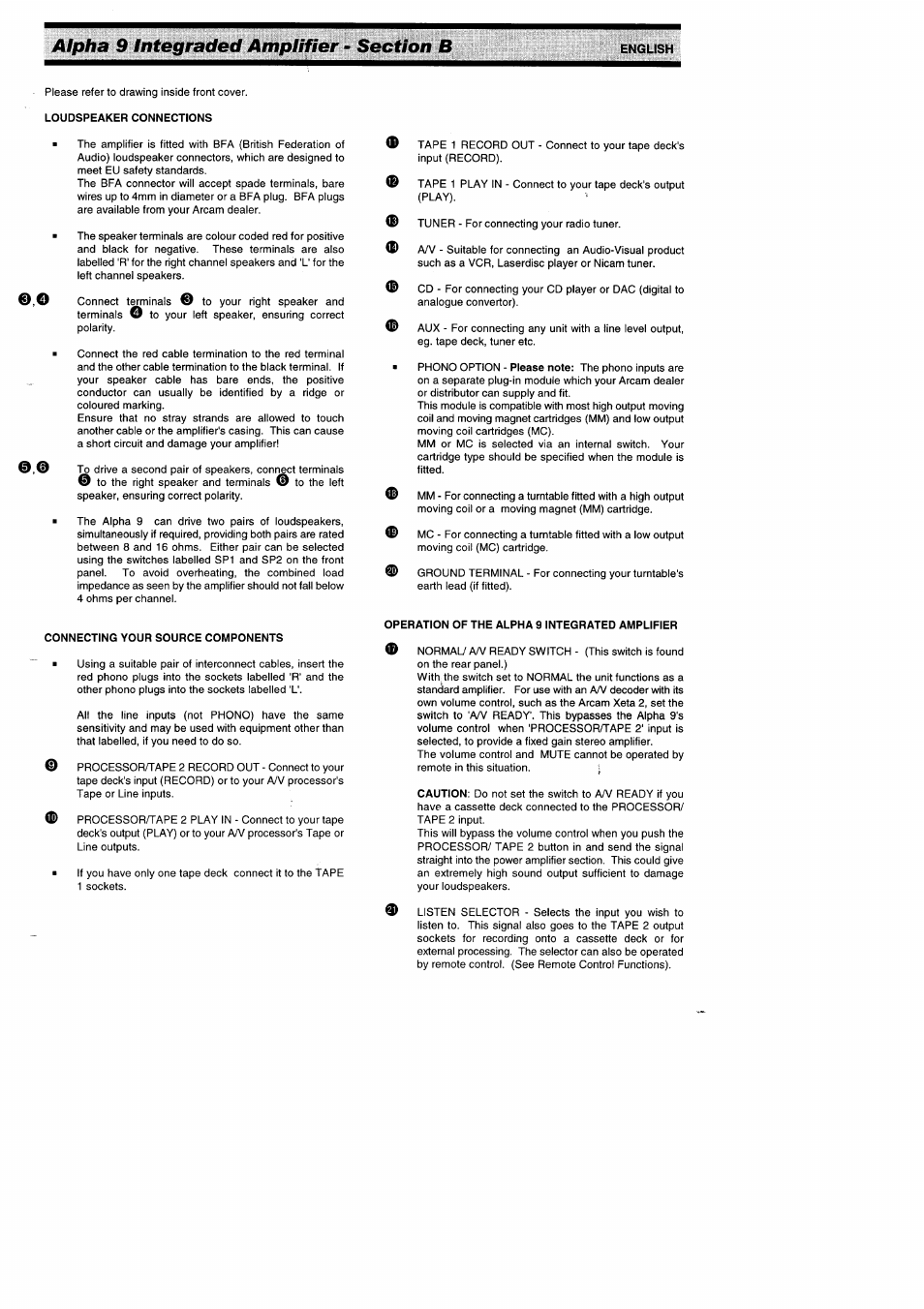 Connecting your source components, Operation of the alpha 9 integrated amplifier | Arcam Amplifiers Alpha 9/9P User Manual | Page 5 / 12