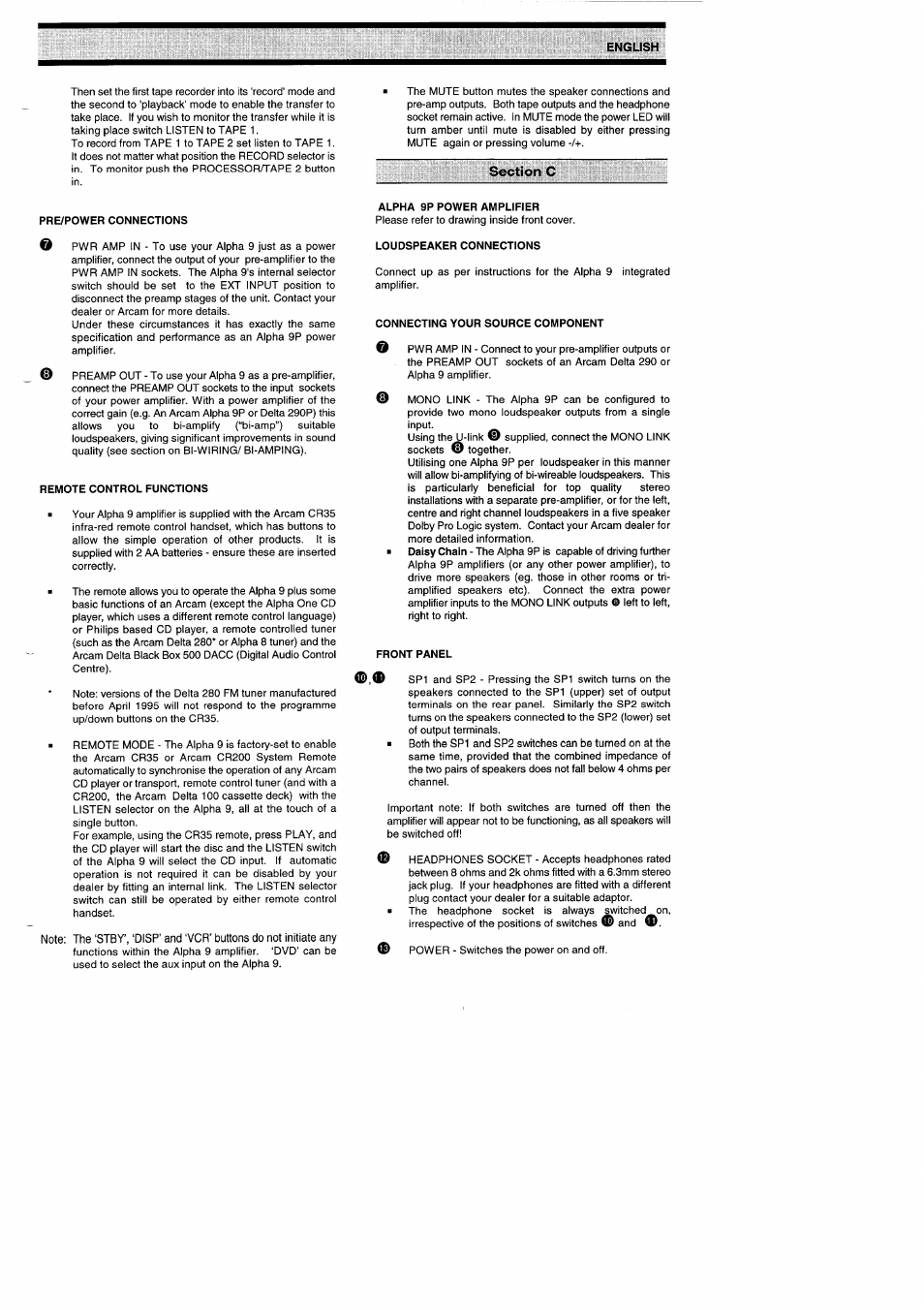 Section c, Pre/power connections, Remote control functions | Alpha 9p power amplifier, Loudspeaker connections, Connecting your source component, Front panel | Arcam Amplifiers Alpha 9/9P User Manual | Page 7 / 12