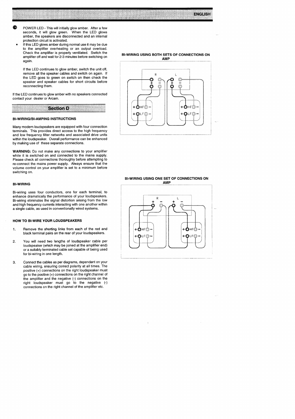Section d, Bi-wiring/bi-amping instructions, Bi-wiring using both sets of connections on amp | Bi-wiring using one set of connections on amp, How to bi-wire your loudspeakers | Arcam Amplifiers Alpha 9/9P User Manual | Page 8 / 12