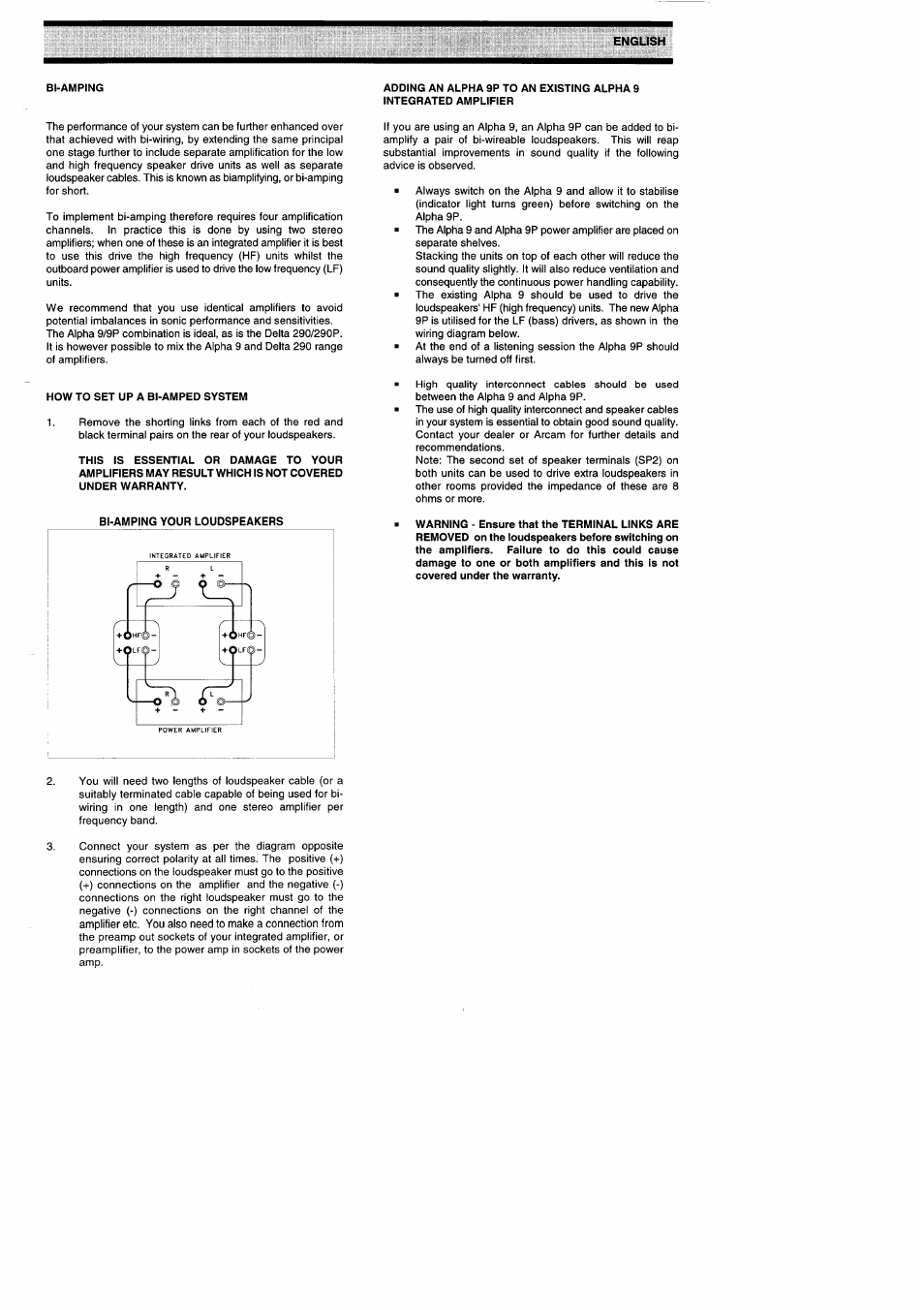 Bi-amping, How to set up a bi-am ped system, Bi-amping your loudspeakers | Arcam Amplifiers Alpha 9/9P User Manual | Page 9 / 12