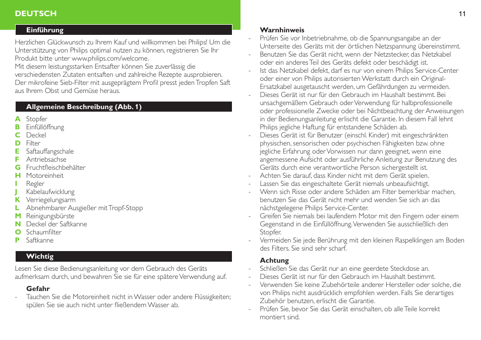 Deutsch, Einführung, Allgemeine beschreibung (abb. 1) | Wichtig, Allgemeines, Gefahr, Warnhinweis | Philips Robust Collection Centrifugeuse User Manual | Page 11 / 28