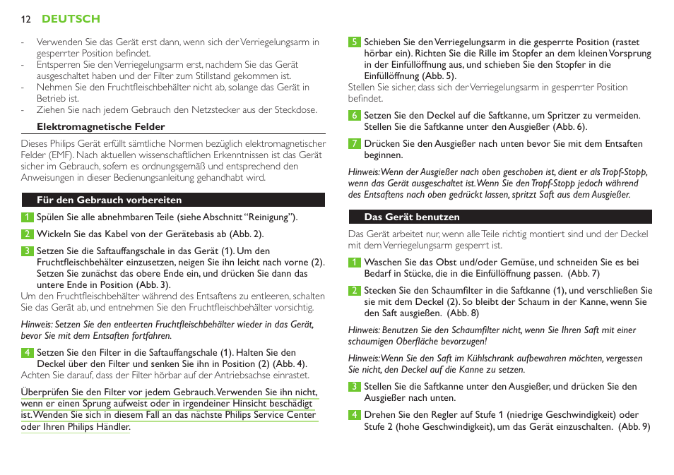 Achtung | Philips Robust Collection Centrifugeuse User Manual | Page 12 / 28