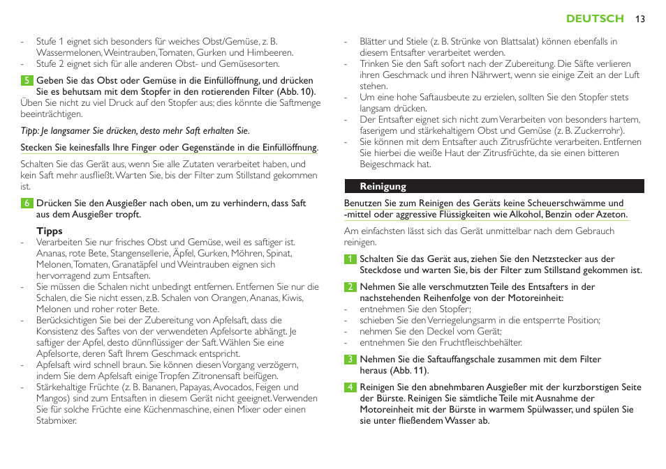Elektromagnetische felder, Integrierte sicherheitssperre, Vor dem ersten gebrauch | Das gerät benutzen, Geschwindigkeitsregler | Philips Robust Collection Centrifugeuse User Manual | Page 13 / 28