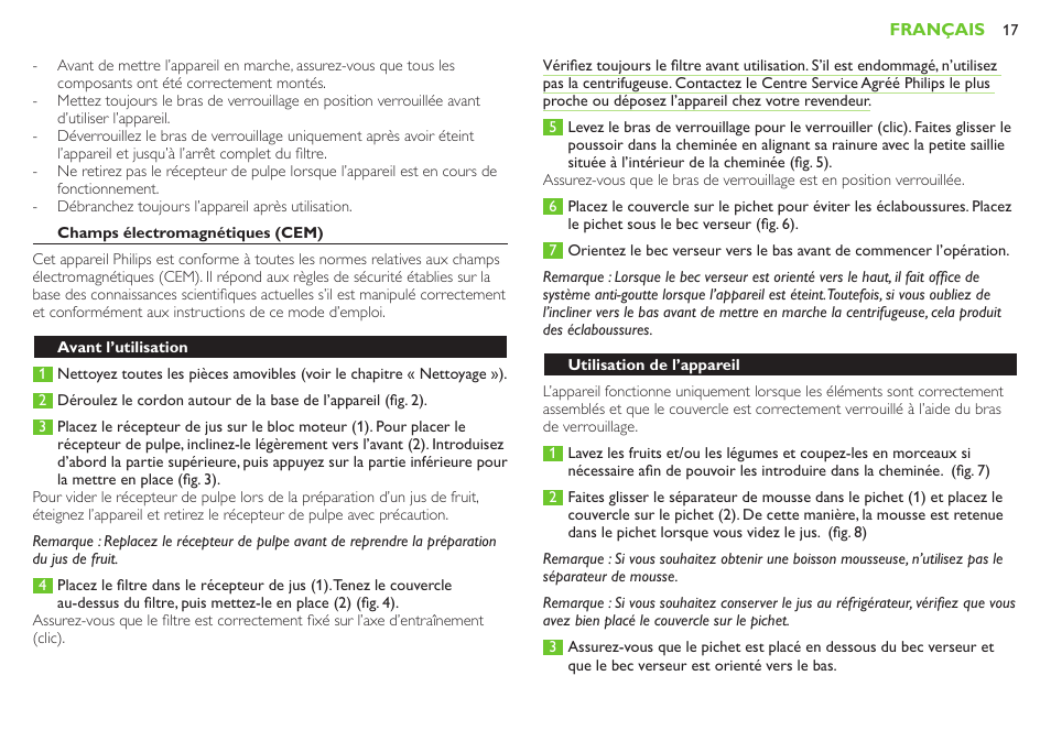 Français, Introduction, Description générale (fig. 1) | Important, Général, Danger, Avertissement | Philips Robust Collection Centrifugeuse User Manual | Page 17 / 28
