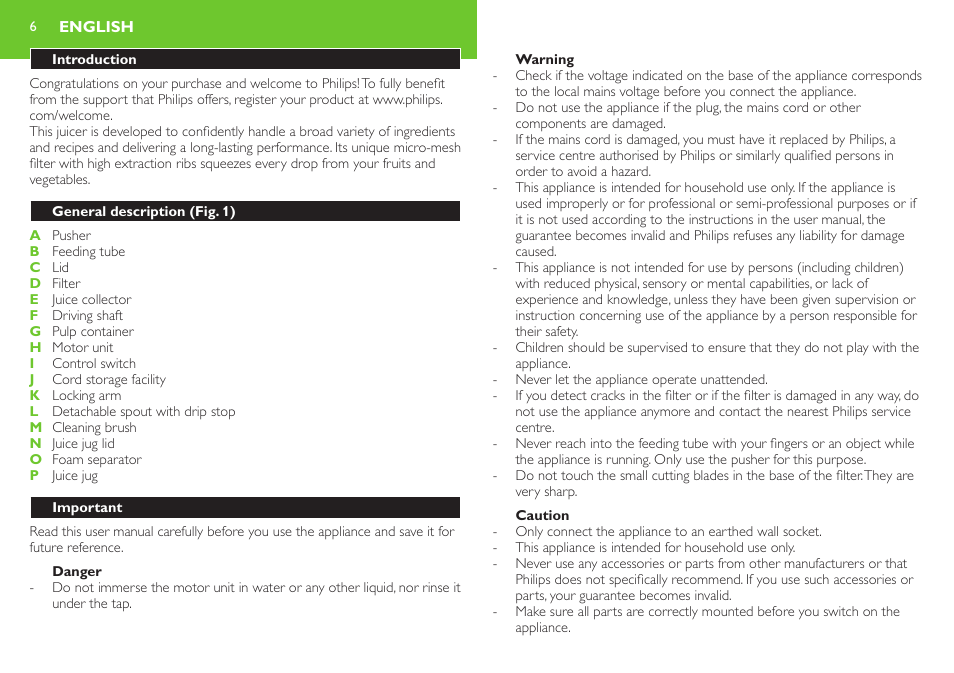 English, Introduction, General description (fig. 1) | Important, General, Danger, Warning | Philips Robust Collection Centrifugeuse User Manual | Page 6 / 28