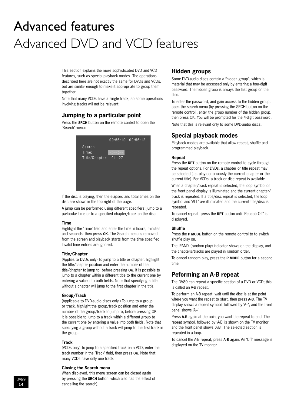 Advanced features advanced dvd and vcd features, Jumping to a particular point, Hidden groups | Special playback modes, Peforming an a-b repeat | Arcam DV89 User Manual | Page 14 / 24