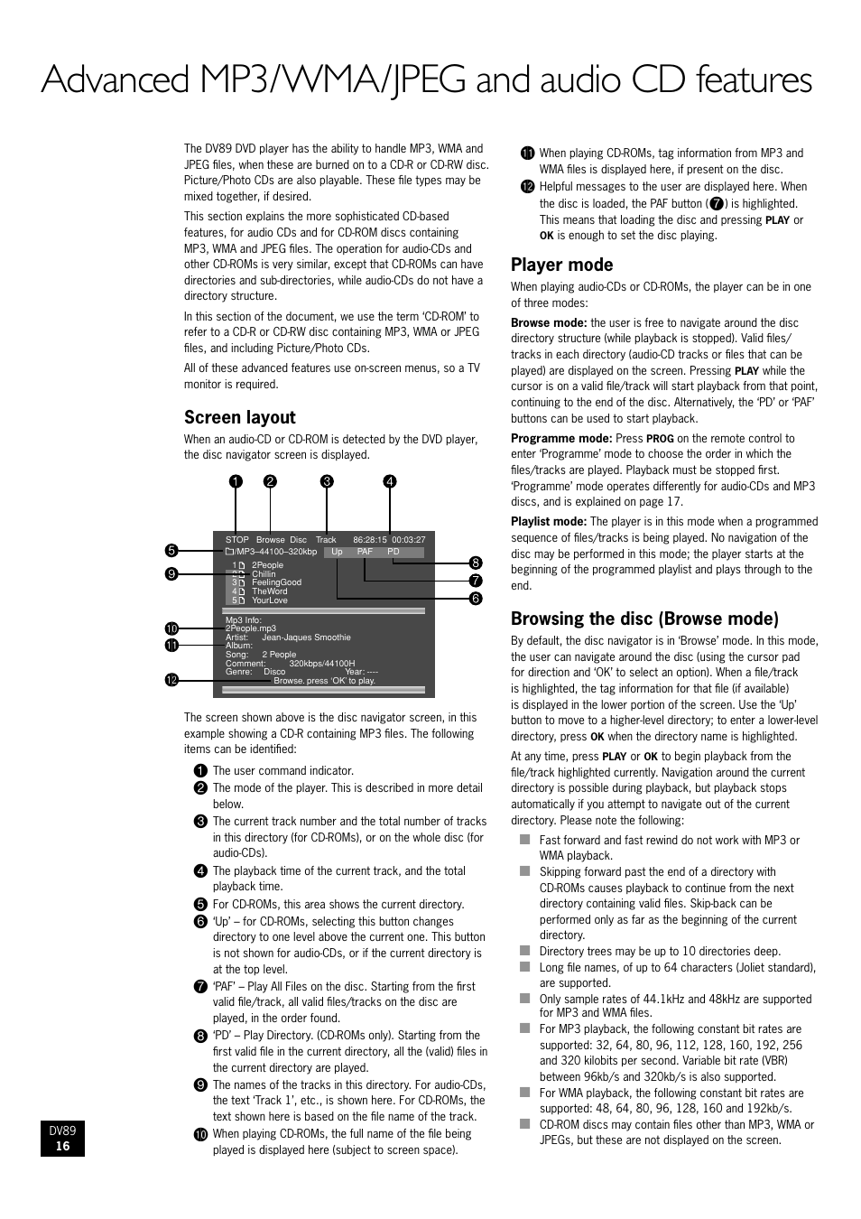 Advanced mp3/wma/jpeg and audio cd features, Screen layout, Player mode | Browsing the disc (browse mode) | Arcam DV89 User Manual | Page 16 / 24