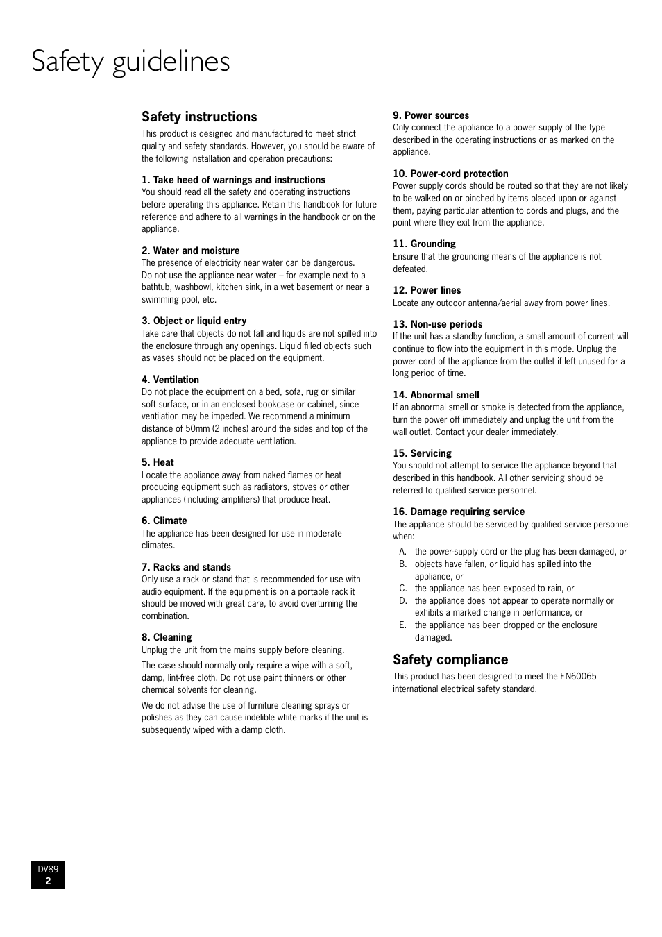 Safety guidelines, Safety instructions, Safety compliance | Arcam DV89 User Manual | Page 2 / 24