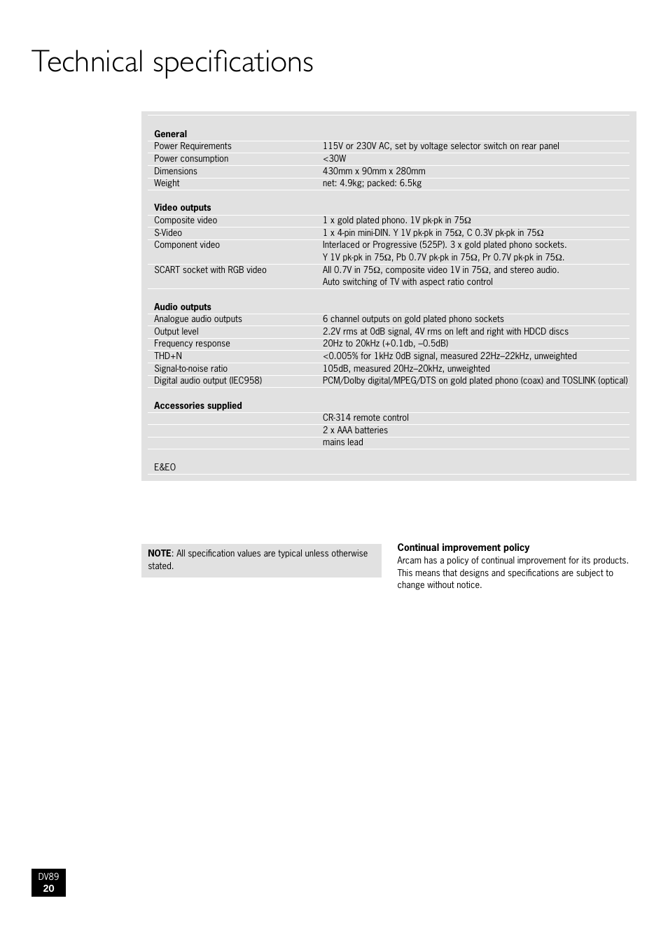 Technical specifications | Arcam DV89 User Manual | Page 20 / 24