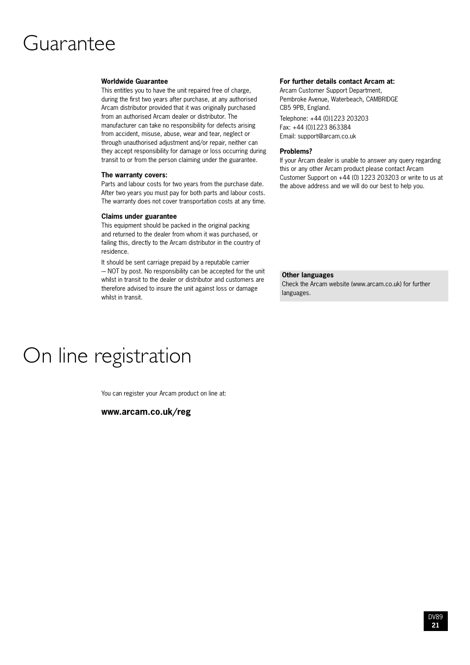 Guarantee on line registration | Arcam DV89 User Manual | Page 21 / 24