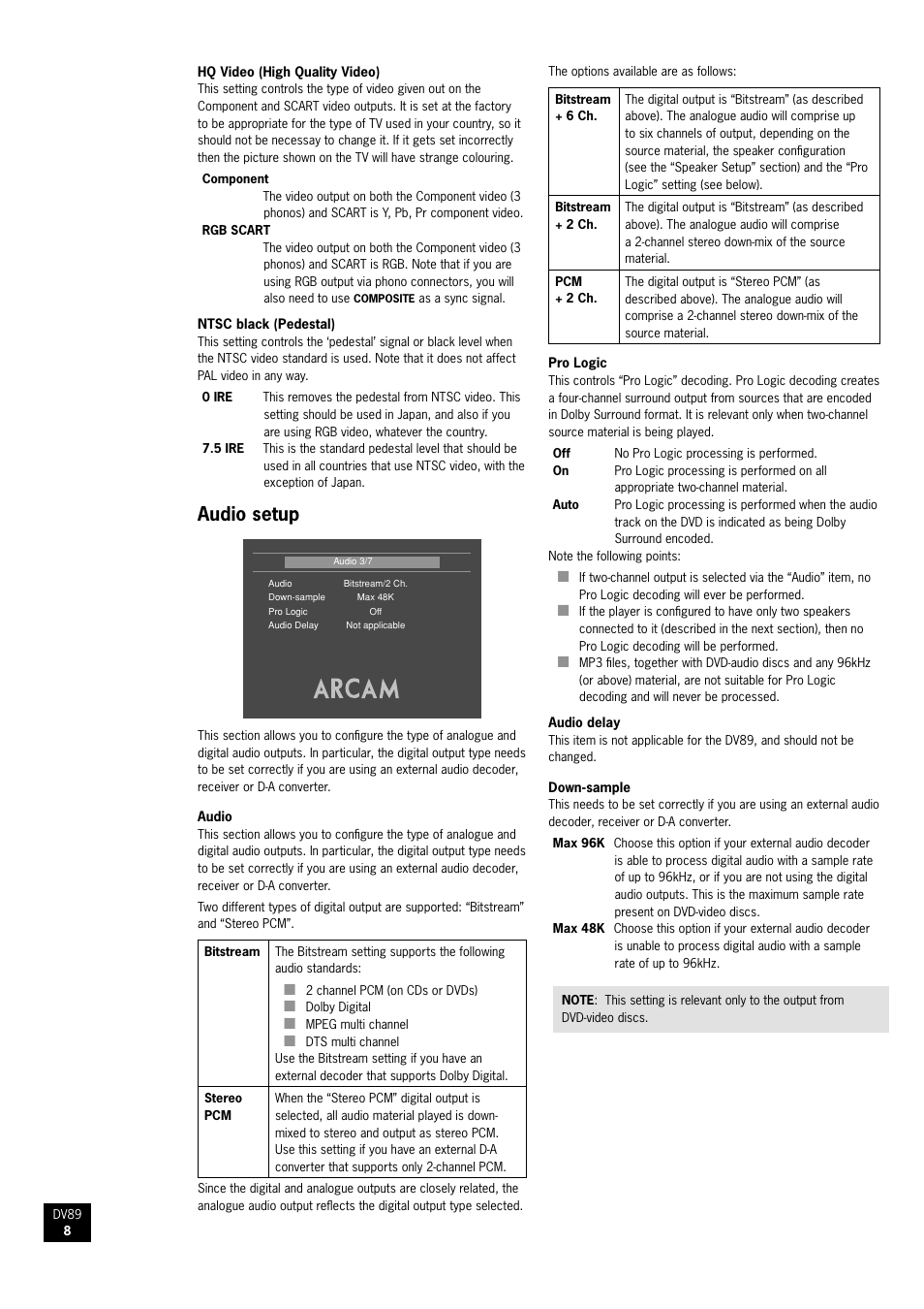 Audio setup | Arcam DV89 User Manual | Page 8 / 24