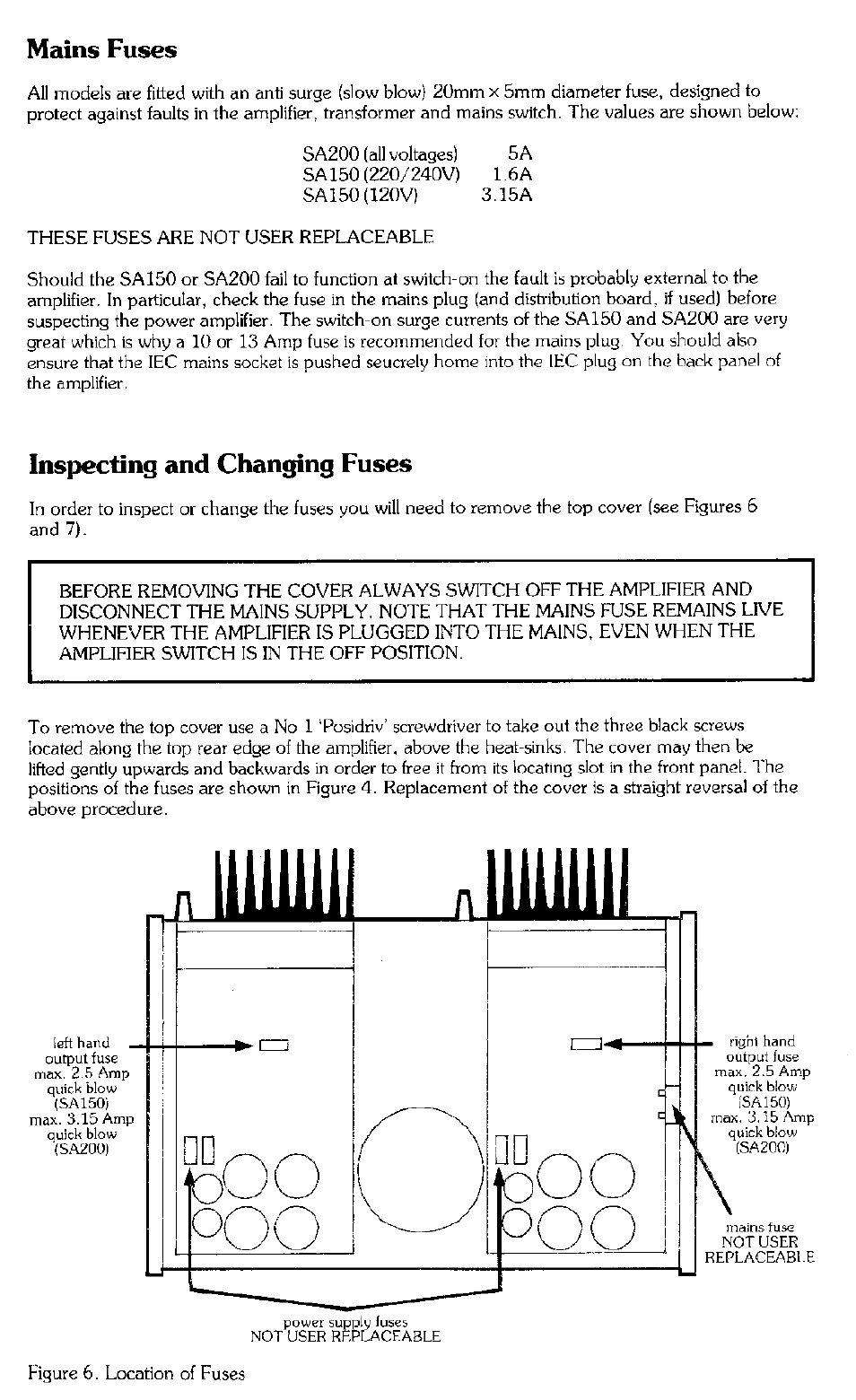 Mains fuses, Inspecting and changing fuses, Nllmlji nllmlii | Arcam SA200 User Manual | Page 10 / 14