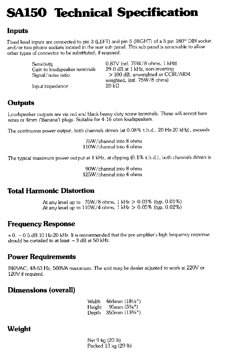 Inputs, Outputs, Total harmonic distortion | Frequency response, Power requirements, Dimensions (overall), Weight, Sa150 technical specification | Arcam SA200 User Manual | Page 12 / 14