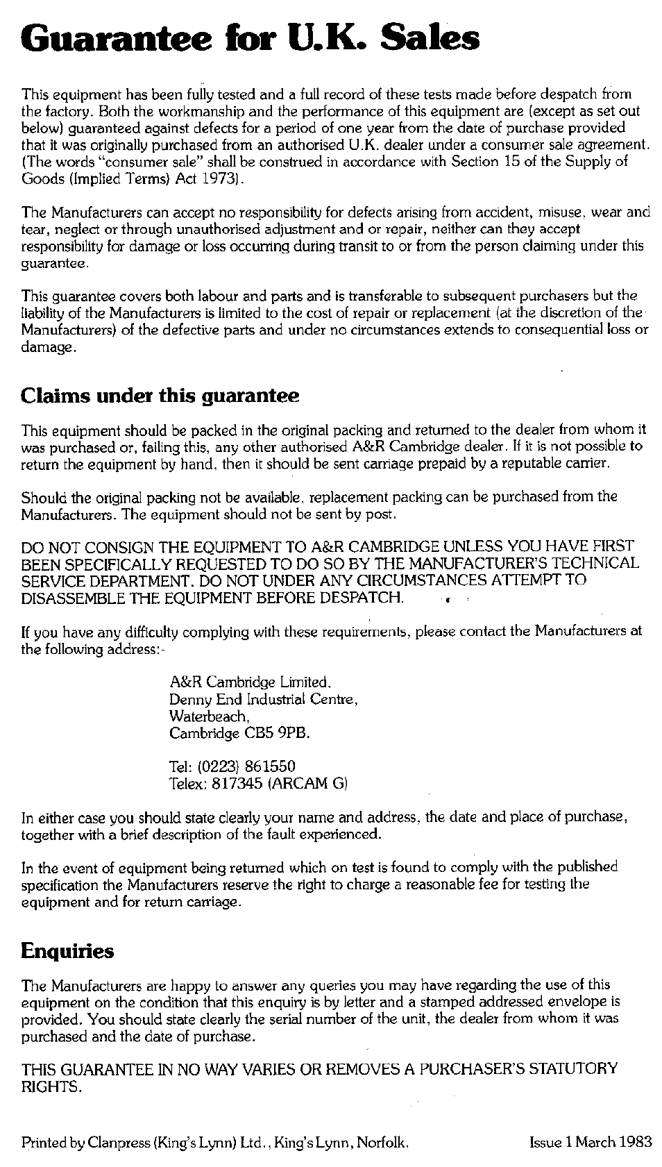 Claims under this guarantee, Enquiries, Guarantee for u.k. sales | Arcam SA200 User Manual | Page 14 / 14