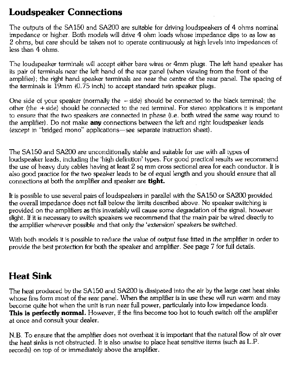 Loudspeciker connections, Heat sink | Arcam SA200 User Manual | Page 5 / 14