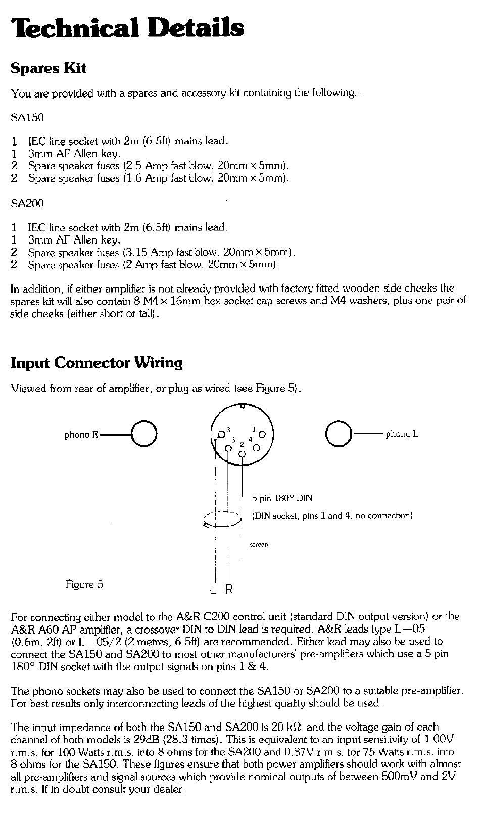 Technical details, Spares kit, Input connector wiring | Arcam SA200 User Manual | Page 8 / 14