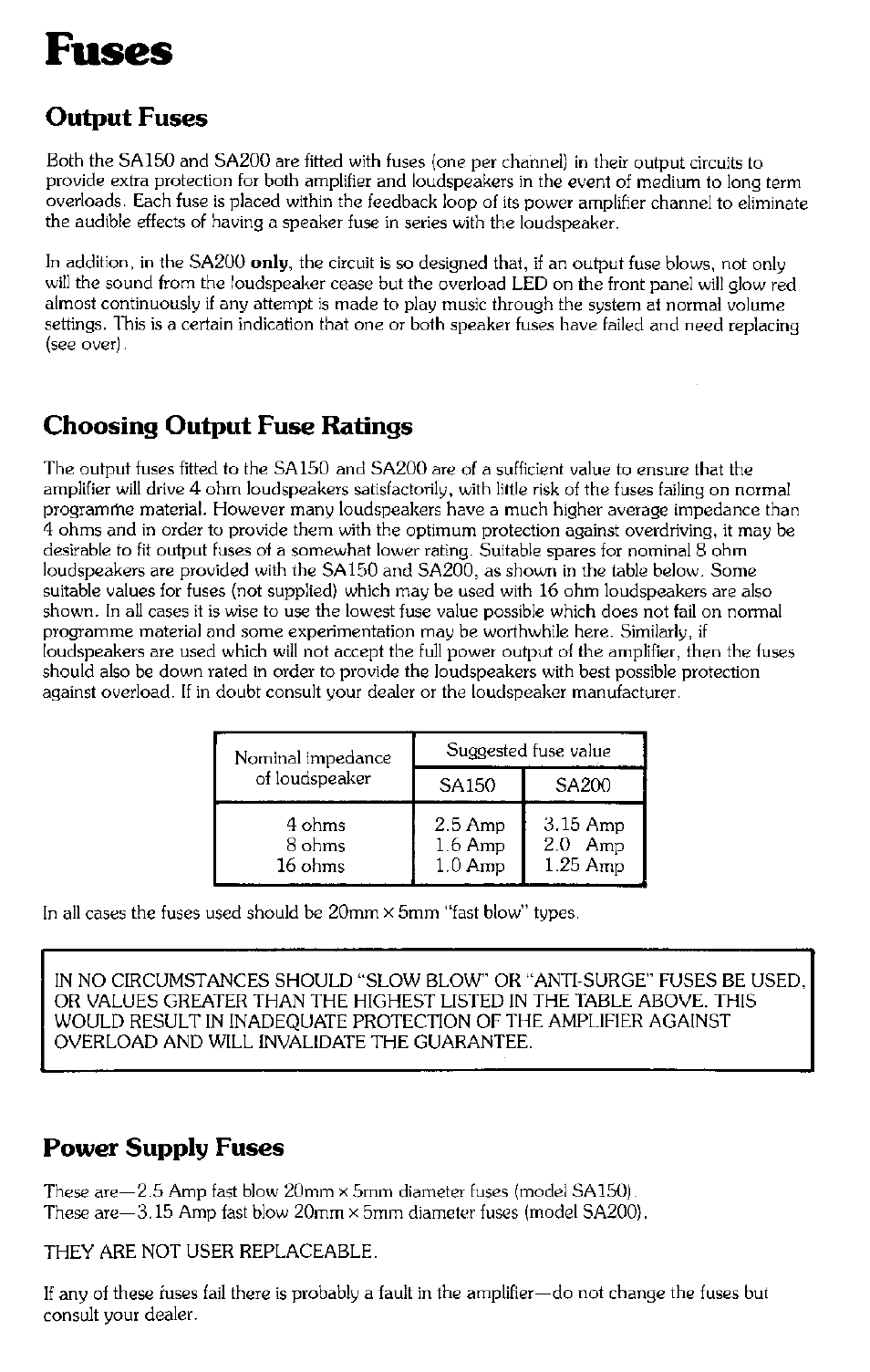 Fuses, Output fuses, Choosing output fuse ratings | Power supply fuses | Arcam SA200 User Manual | Page 9 / 14