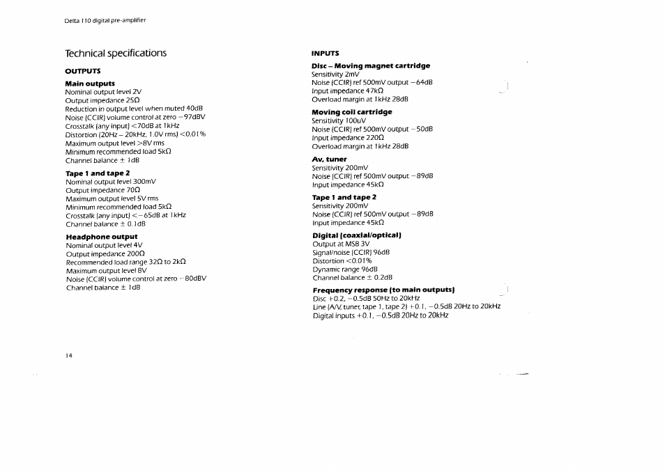 Technical specifications | Arcam Digital Pre -Amplifier Delta 110 User Manual | Page 14 / 16