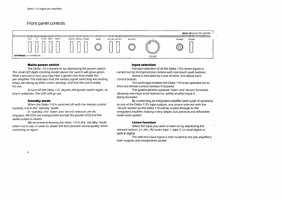Front panel controls | Arcam Digital Pre -Amplifier Delta 110 User Manual | Page 6 / 16
