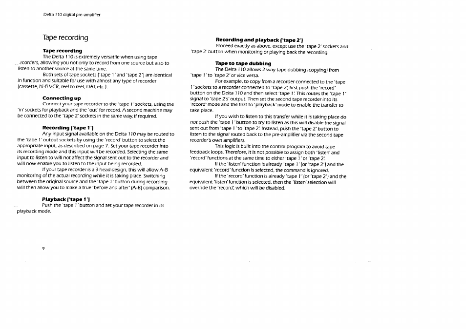 Tape recording | Arcam Digital Pre -Amplifier Delta 110 User Manual | Page 9 / 16