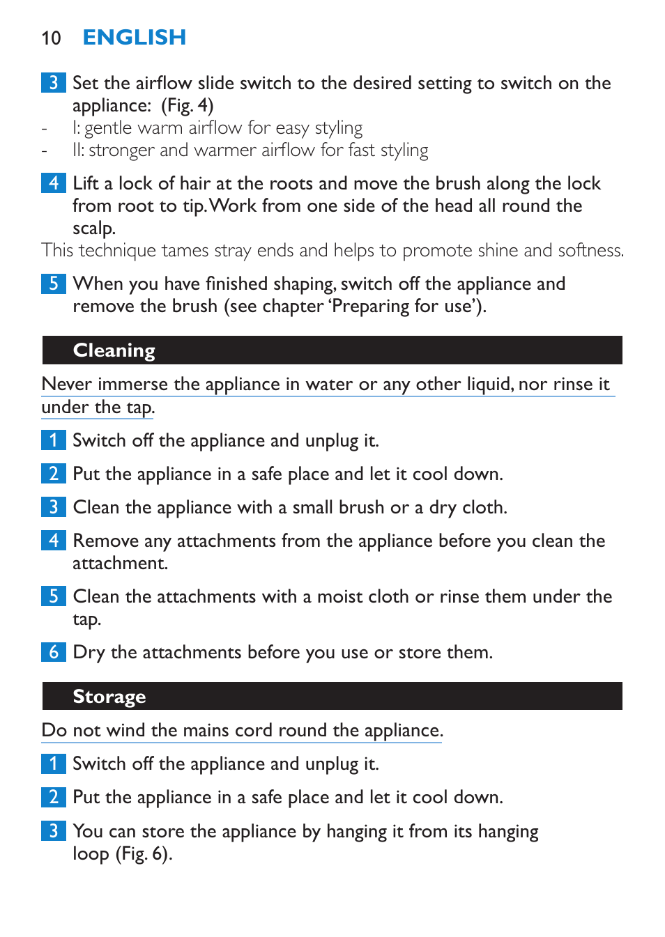 Cleaning, Storage | Philips Salon Airstylist Essential Brosse soufflante User Manual | Page 10 / 100