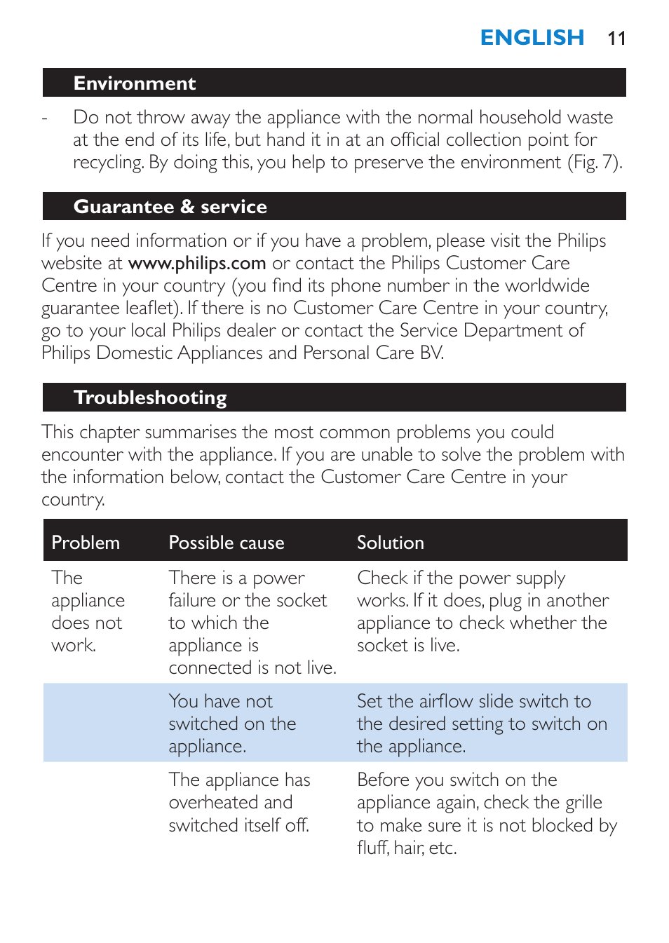 Environment, Guarantee & service, Troubleshooting | Philips Salon Airstylist Essential Brosse soufflante User Manual | Page 11 / 100