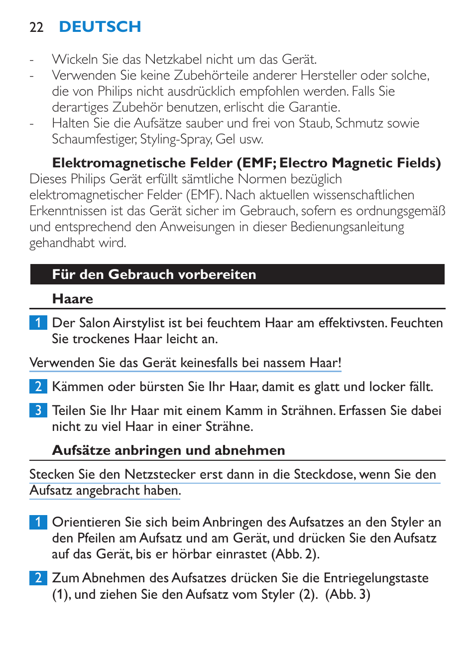 Für den gebrauch vorbereiten, Haare, Aufsätze anbringen und abnehmen | Philips Salon Airstylist Essential Brosse soufflante User Manual | Page 22 / 100