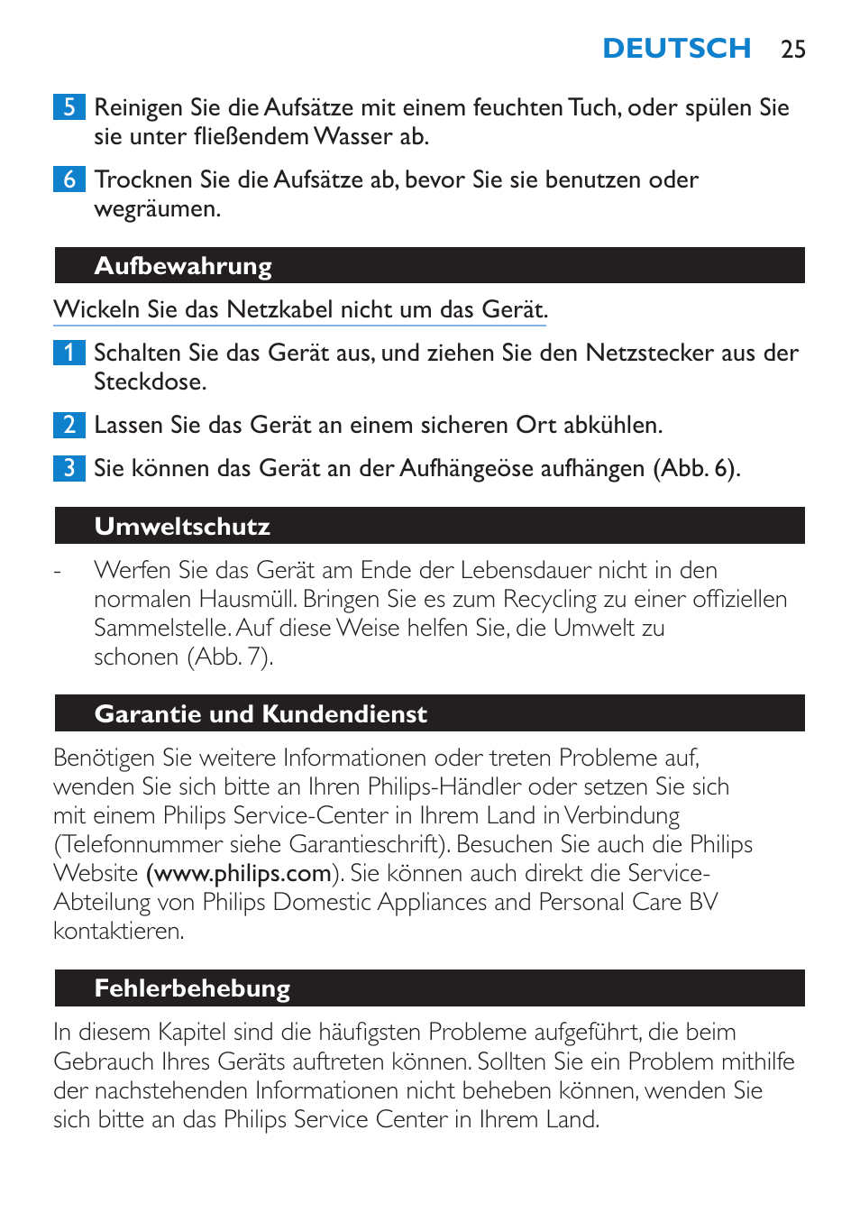 Aufbewahrung, Umweltschutz, Garantie und kundendienst | Fehlerbehebung | Philips Salon Airstylist Essential Brosse soufflante User Manual | Page 25 / 100