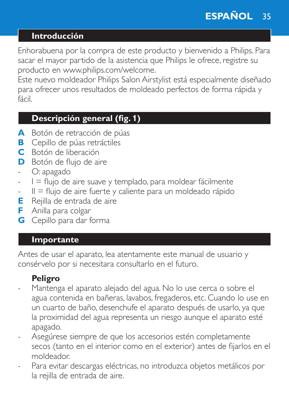 Peligro, Español, Introducción | Descripción general (fig. 1), Importante | Philips Salon Airstylist Essential Brosse soufflante User Manual | Page 35 / 100