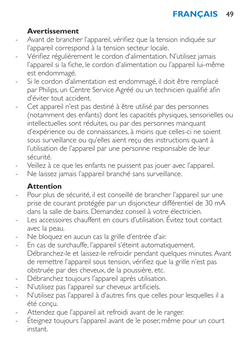 Danger, Français, Introduction | Description générale (fig. 1), Important | Philips Salon Airstylist Essential Brosse soufflante User Manual | Page 49 / 100