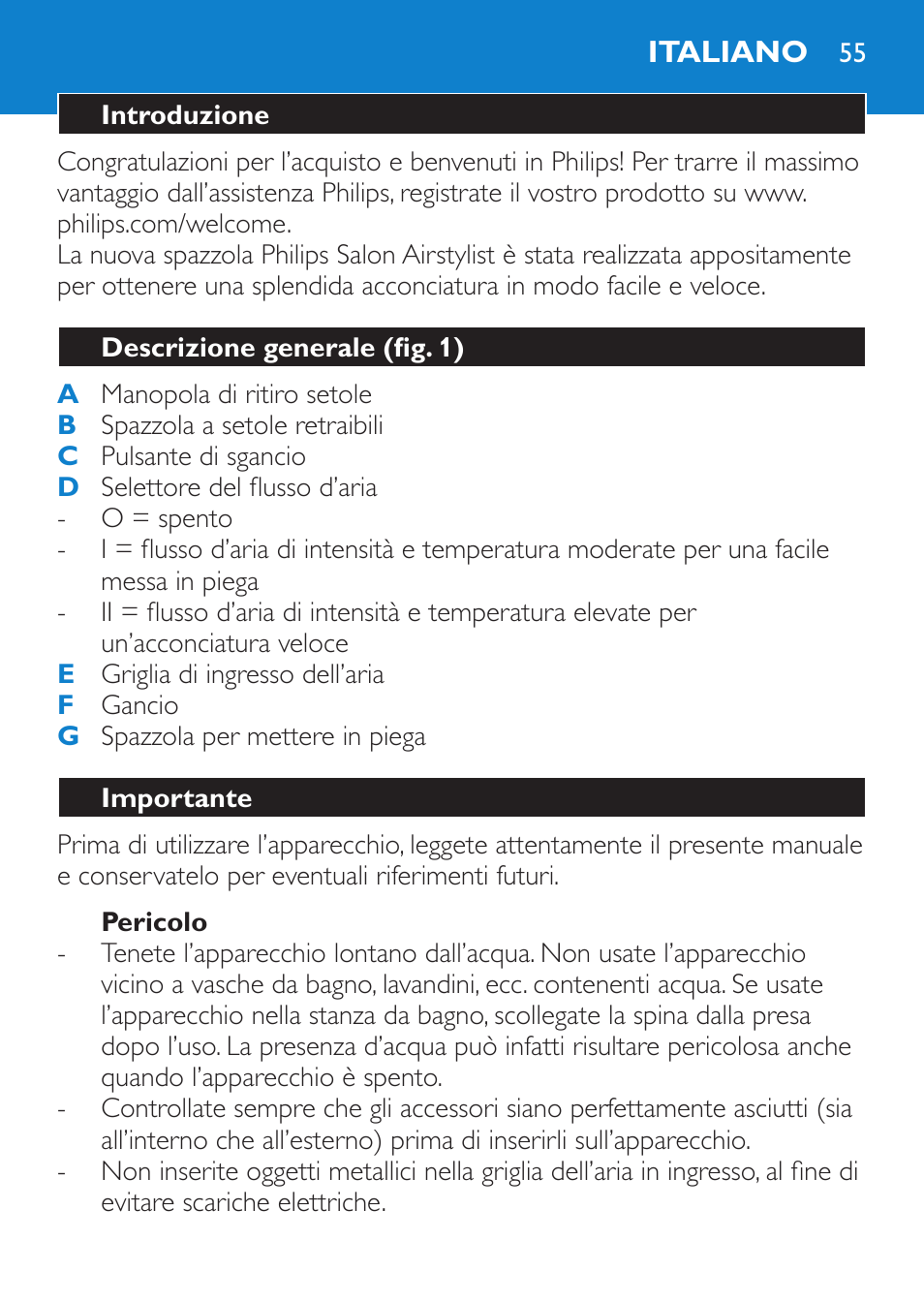 Pericolo, Italiano, Introduzione | Descrizione generale (fig. 1), Importante | Philips Salon Airstylist Essential Brosse soufflante User Manual | Page 55 / 100