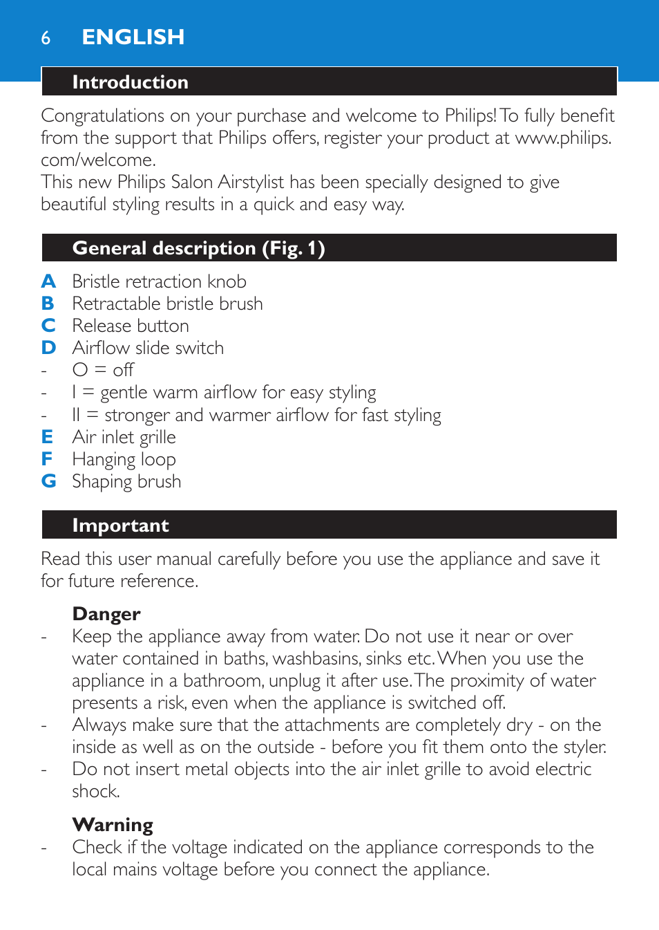 English, Introduction, General description (fig. 1) | Important, Danger, Warning | Philips Salon Airstylist Essential Brosse soufflante User Manual | Page 6 / 100