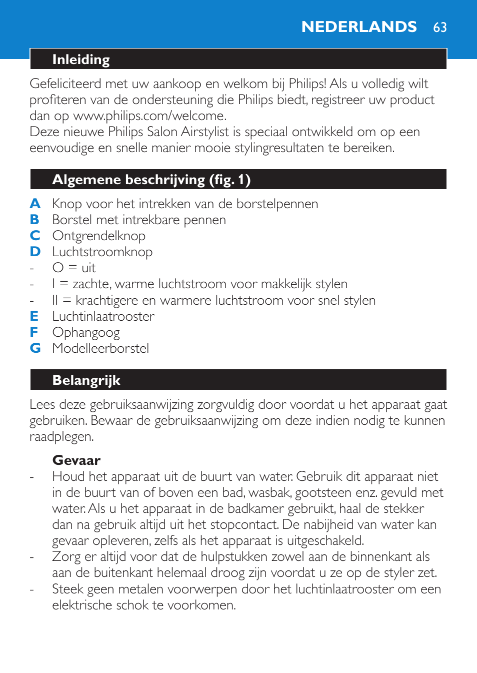 Gevaar, Nederlands, Inleiding | Algemene beschrijving (fig. 1), Belangrijk | Philips Salon Airstylist Essential Brosse soufflante User Manual | Page 63 / 100