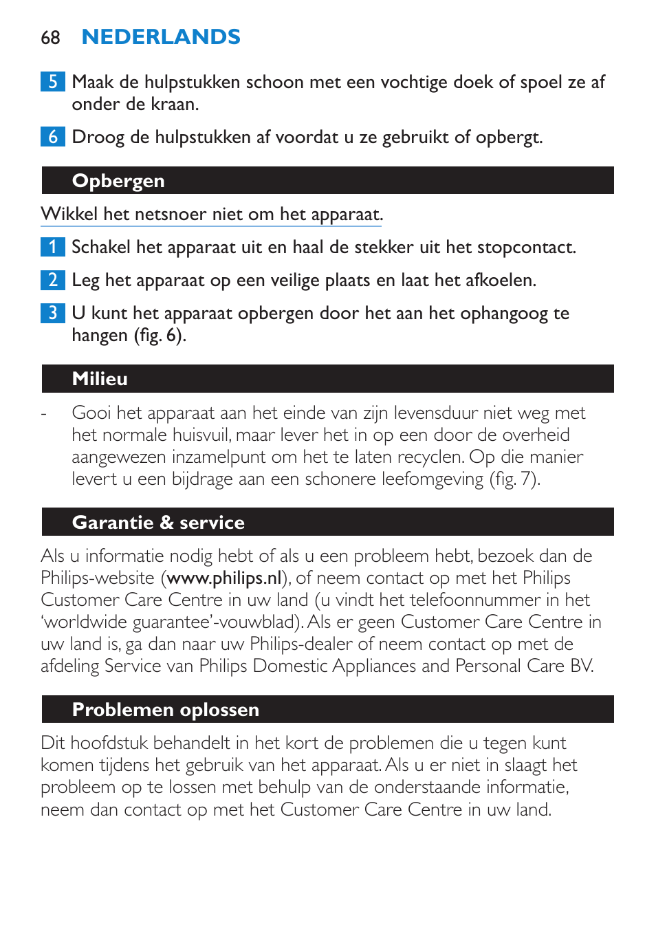 Opbergen, Milieu, Garantie & service | Problemen oplossen | Philips Salon Airstylist Essential Brosse soufflante User Manual | Page 68 / 100