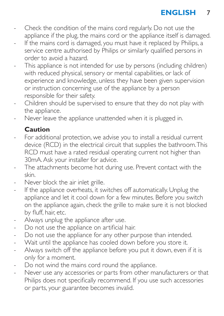 Caution | Philips Salon Airstylist Essential Brosse soufflante User Manual | Page 7 / 100