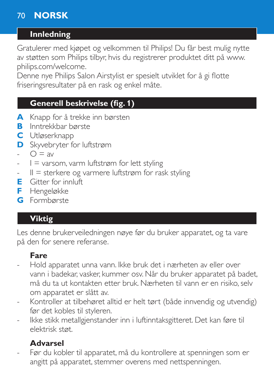 Fare, Advarsel, Norsk | Innledning, Generell beskrivelse (fig. 1), Viktig | Philips Salon Airstylist Essential Brosse soufflante User Manual | Page 70 / 100