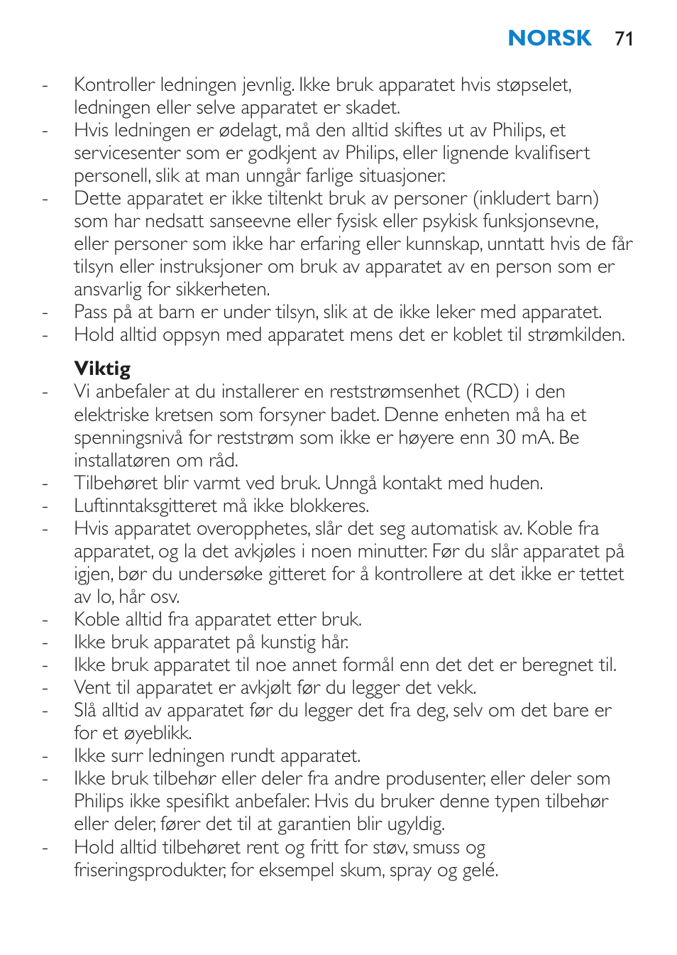 Viktig | Philips Salon Airstylist Essential Brosse soufflante User Manual | Page 71 / 100