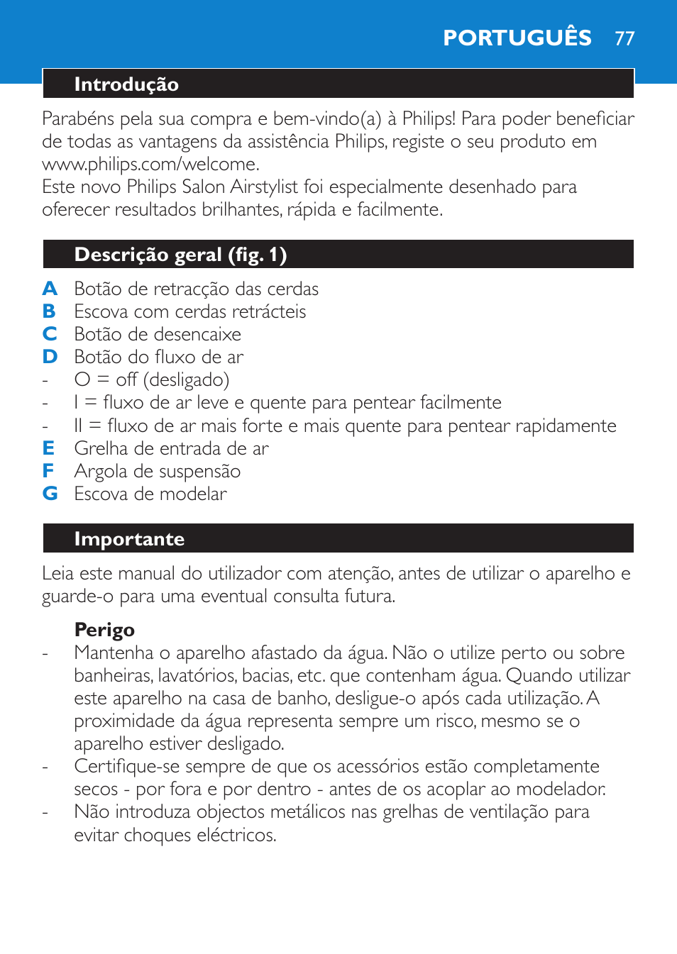 Perigo, Português, Introdução | Descrição geral (fig. 1), Importante | Philips Salon Airstylist Essential Brosse soufflante User Manual | Page 77 / 100