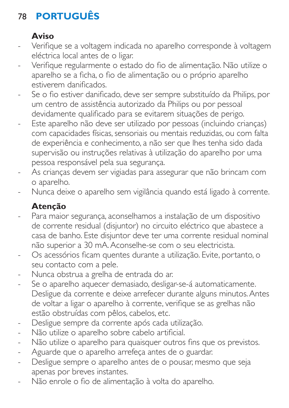 Aviso, Atenção | Philips Salon Airstylist Essential Brosse soufflante User Manual | Page 78 / 100