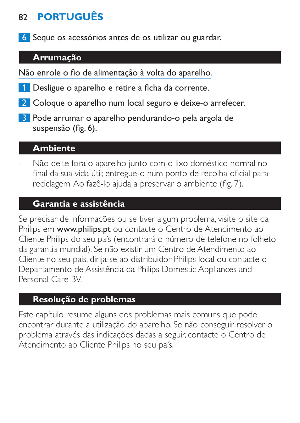 Arrumação, Ambiente, Garantia e assistência | Resolução de problemas | Philips Salon Airstylist Essential Brosse soufflante User Manual | Page 82 / 100